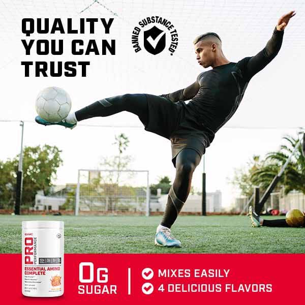GNC Pro Performance Essential Amino Complete mixed drink shows flavor and potential recovery support.