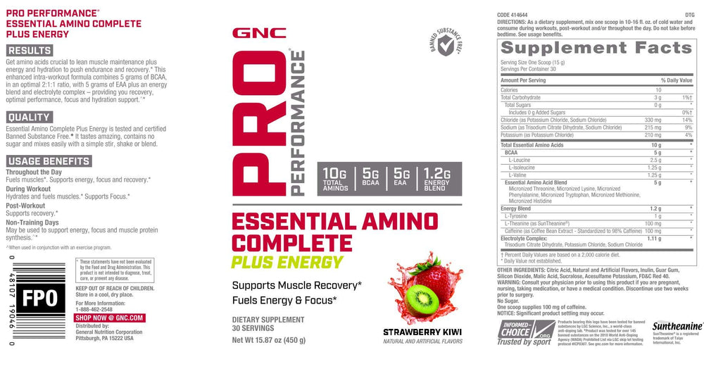 GNC Pro Performance Amino Complete Plus Energy scoop dispensing beside a glass during workouts for energy and hydration.