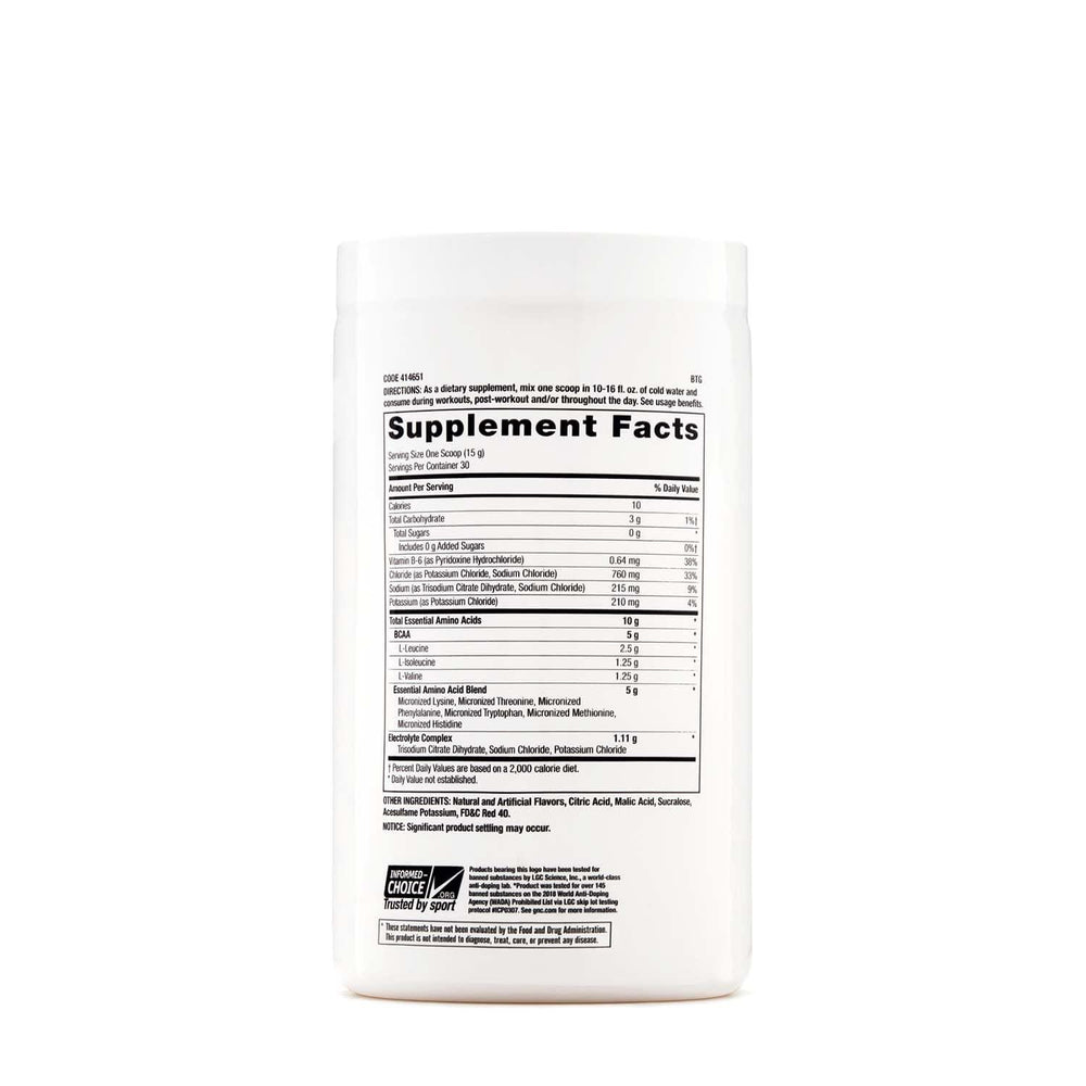 GNC Pro Performance Essential Amino Complete bottle back shows nutrition panel and BCAA details.