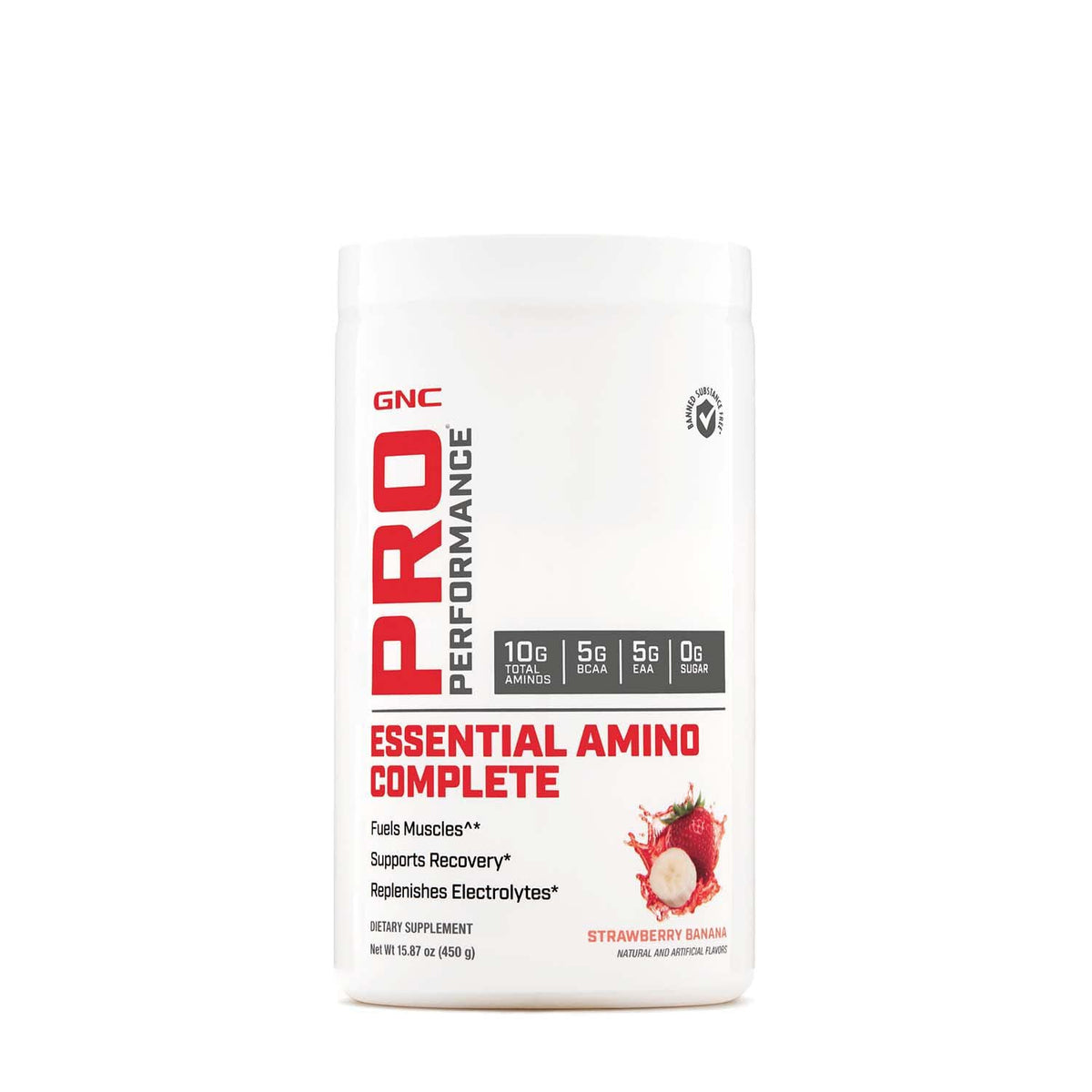 GNC Pro Performance Essential Amino Complete bottle front highlights strawberry banana flavor for mid-workout hydration.
