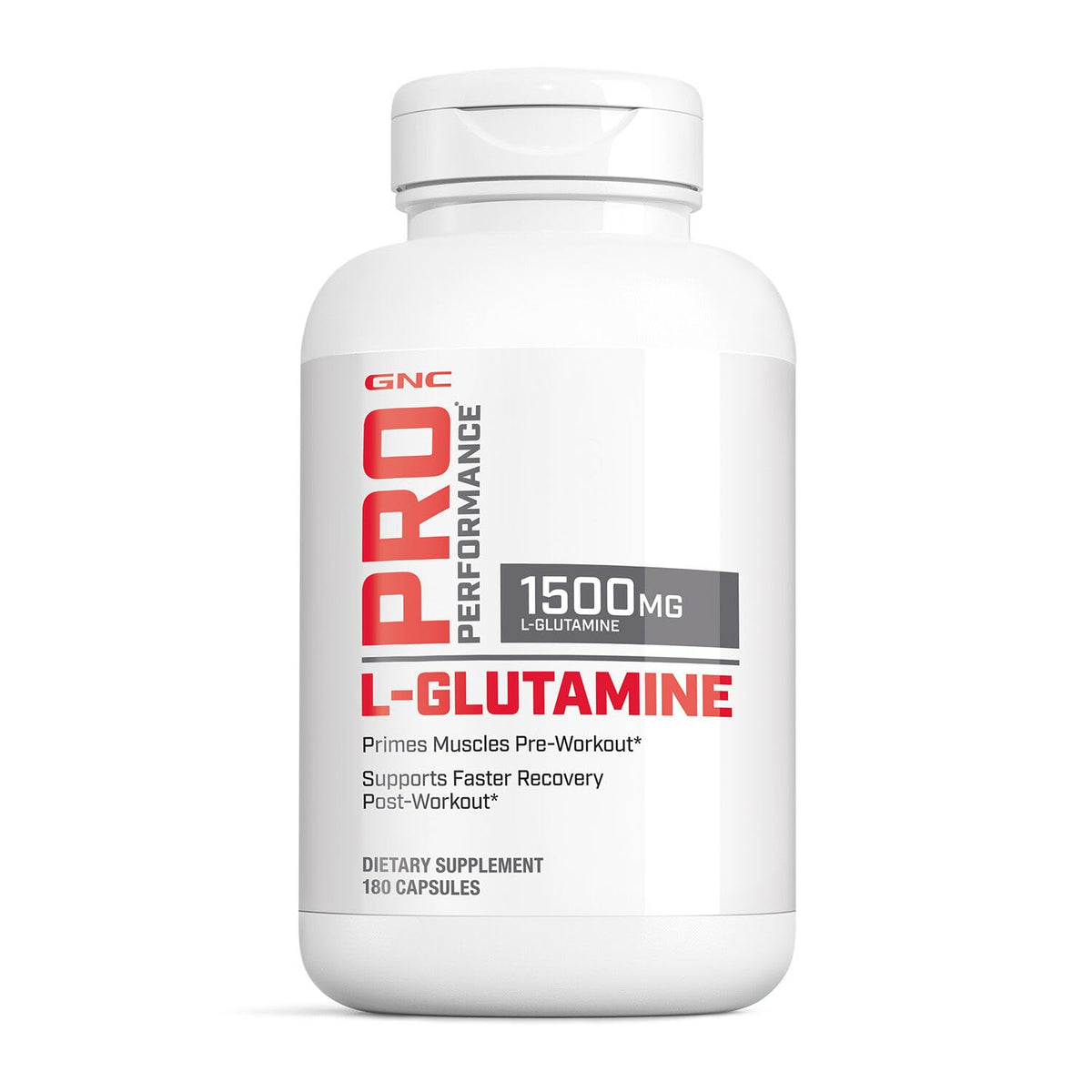 GNC Pro Performance L-Glutamine 1500mg bottle close-up for post-workout recovery.