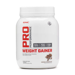GNC Pro Performance Weight Gainer can front shows Double Chocolate flavor and protein boost.