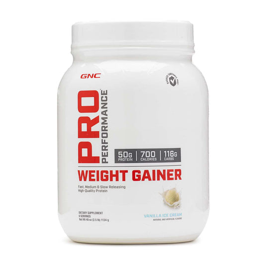 GNC Pro Performance Weight Gainer Double Chocolate tub for convenient high-calorie support.