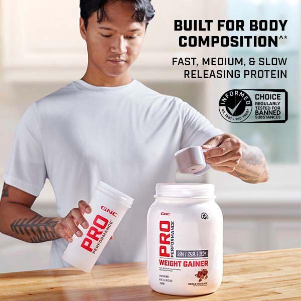 GNC Pro Performance Weight Gainer mixed shake glass demonstrates easy post-workout nutrition.