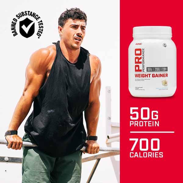 GNC Pro Performance Weight Gainer scoop highlights easy portioning for consistent intake.