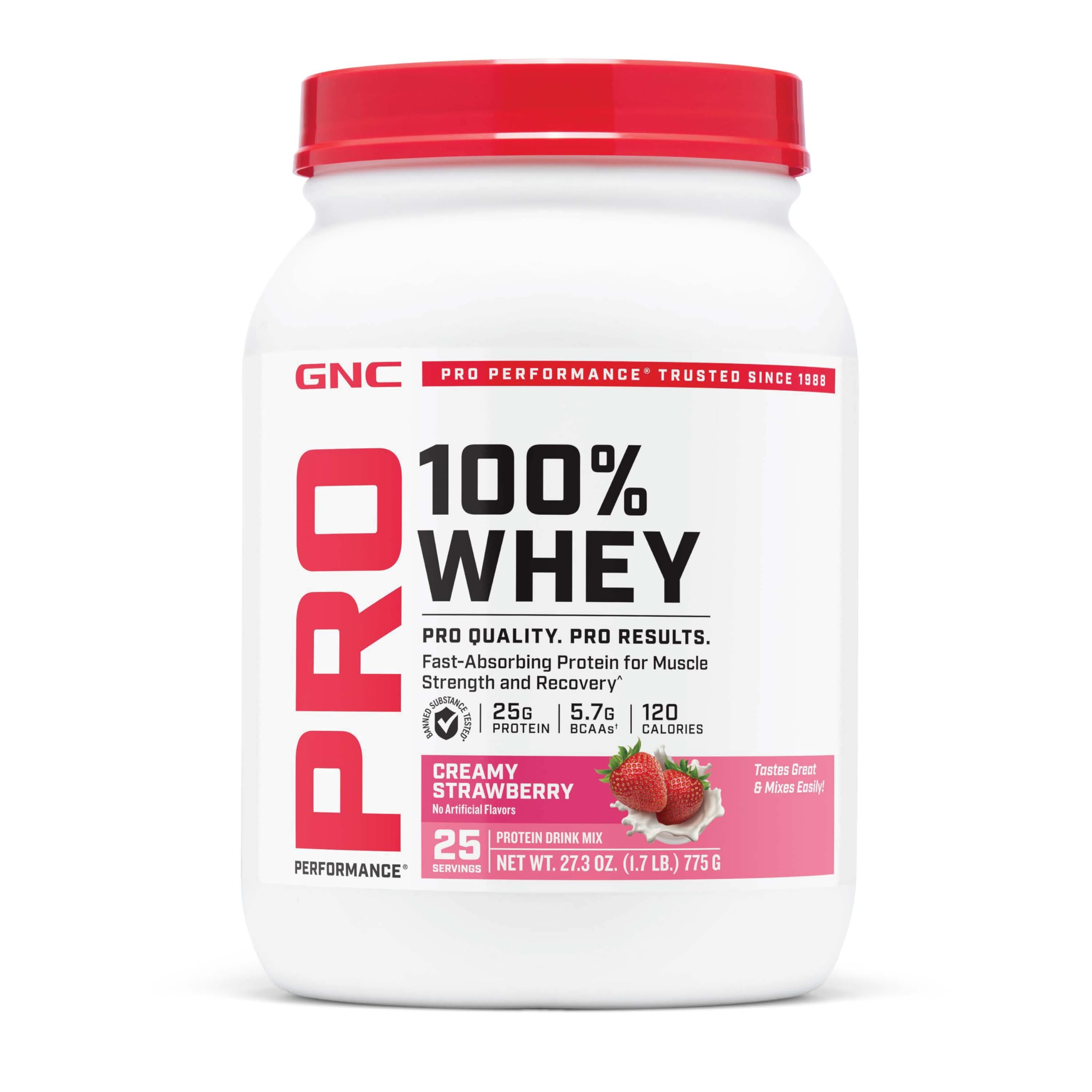 GNC Pro Performance Whey bottle in strawberry flavor for daily protein boost