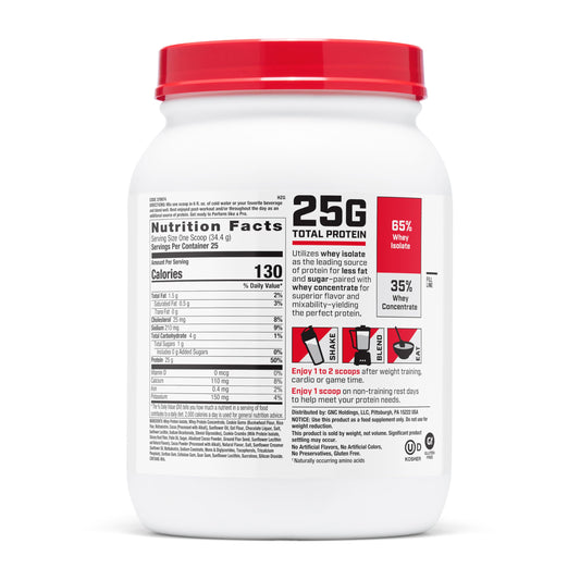 GNC Pro Performance Whey Cookies and Cream powder scoop highlights quick mixability for shakes.