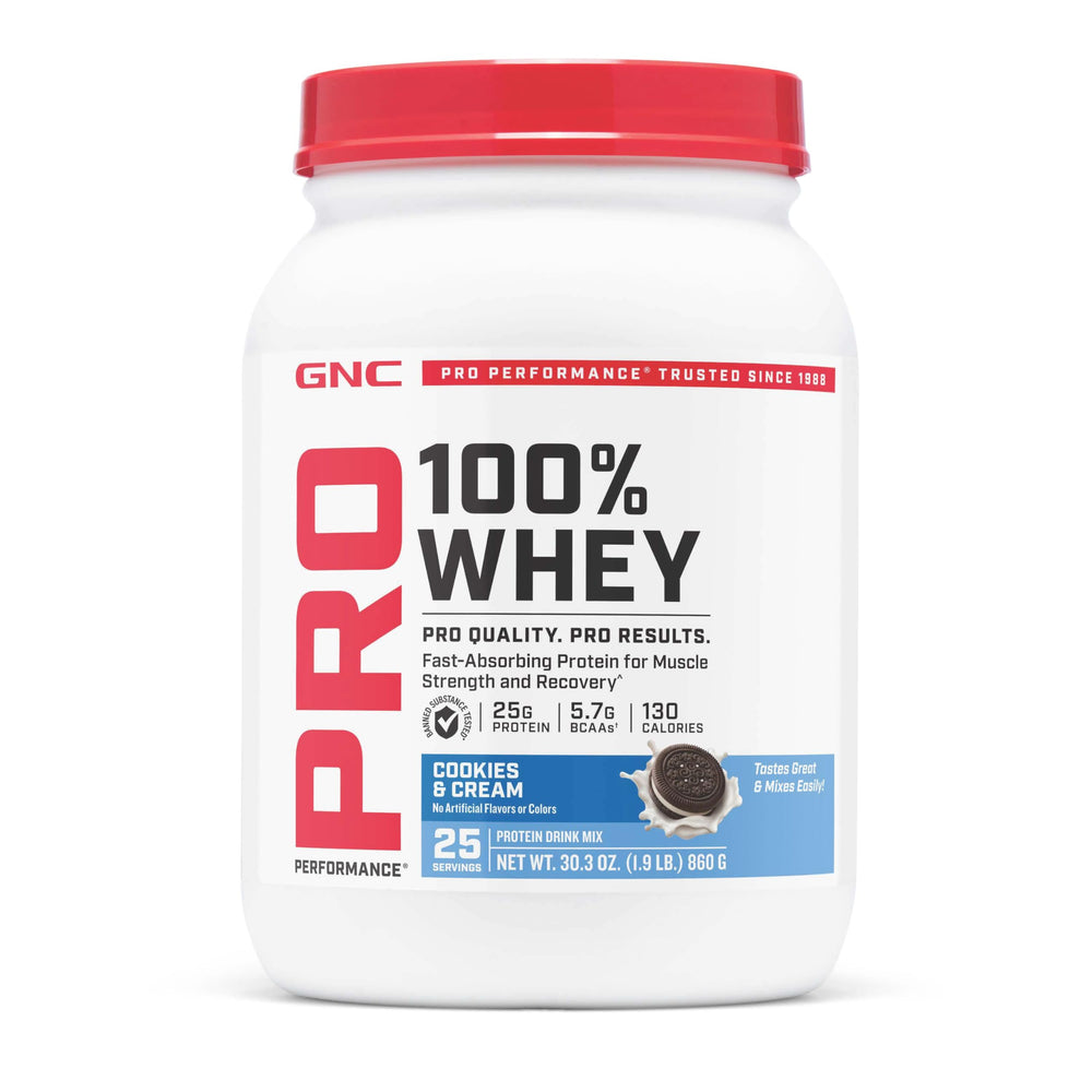 GNC Pro Performance Whey Cookies and Cream tub front shows high-protein serving for muscle support.