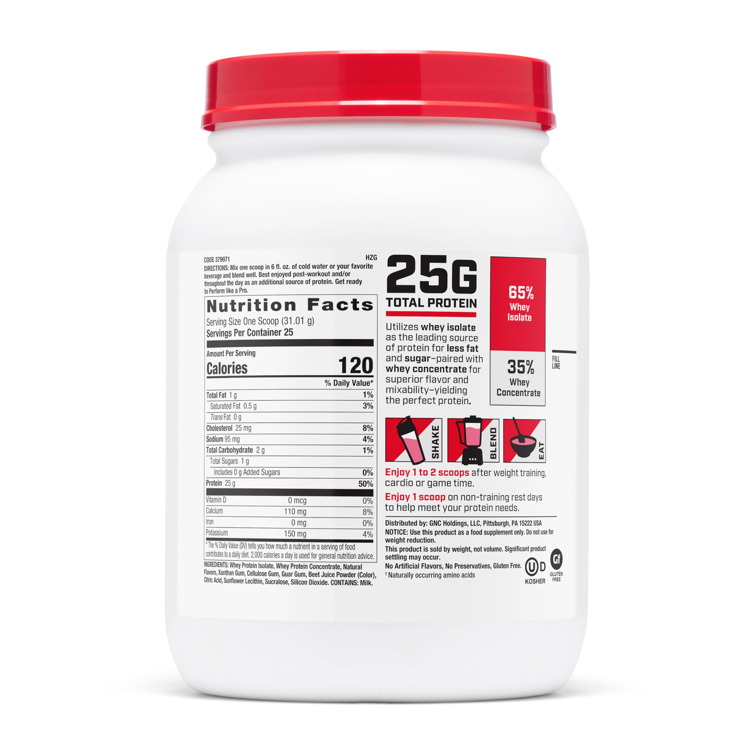 Scoop of GNC Pro Performance Whey powder showing serving size