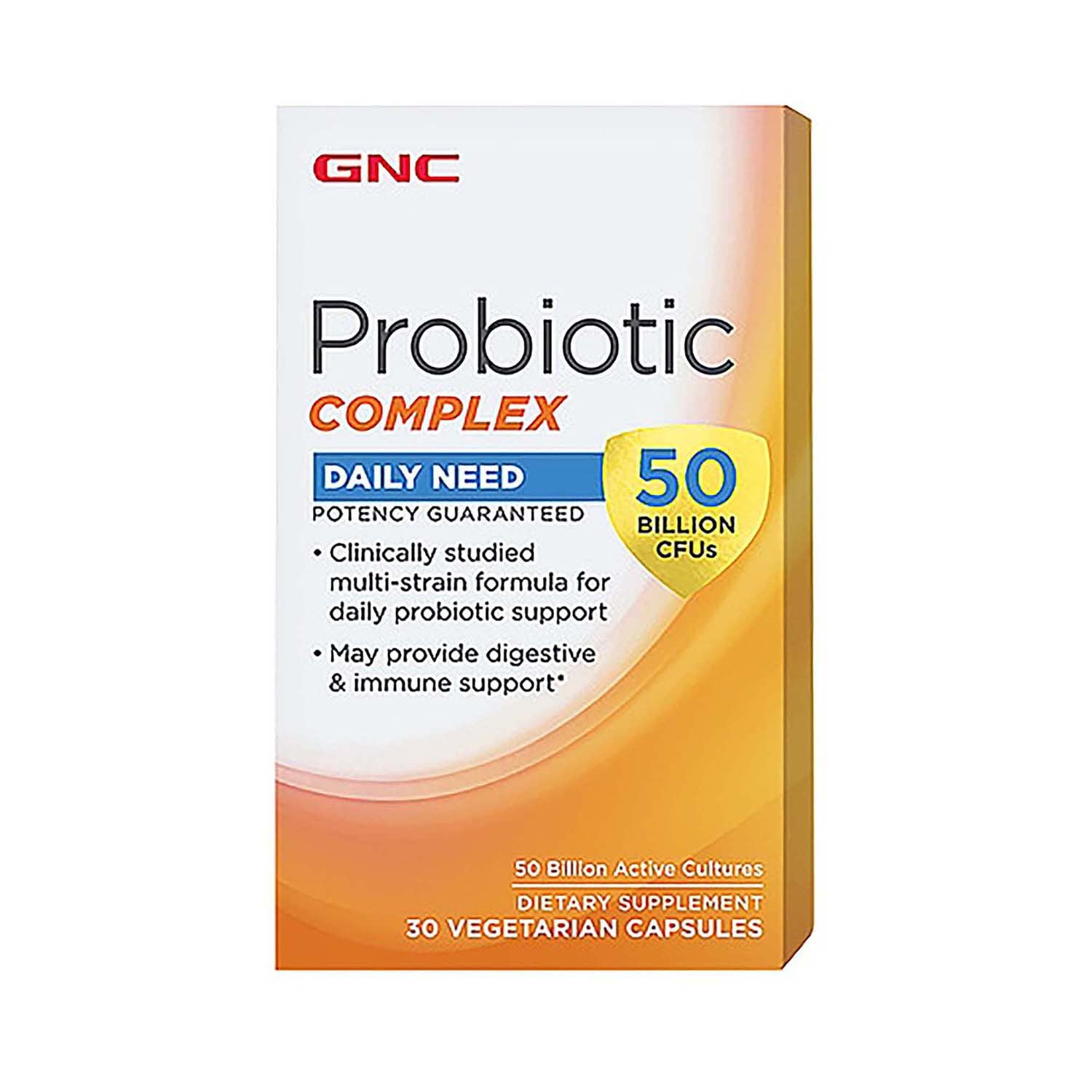 GNC Probiotic Complex Daily Need bottle cap close-up showing 50B CFUs for daily support.