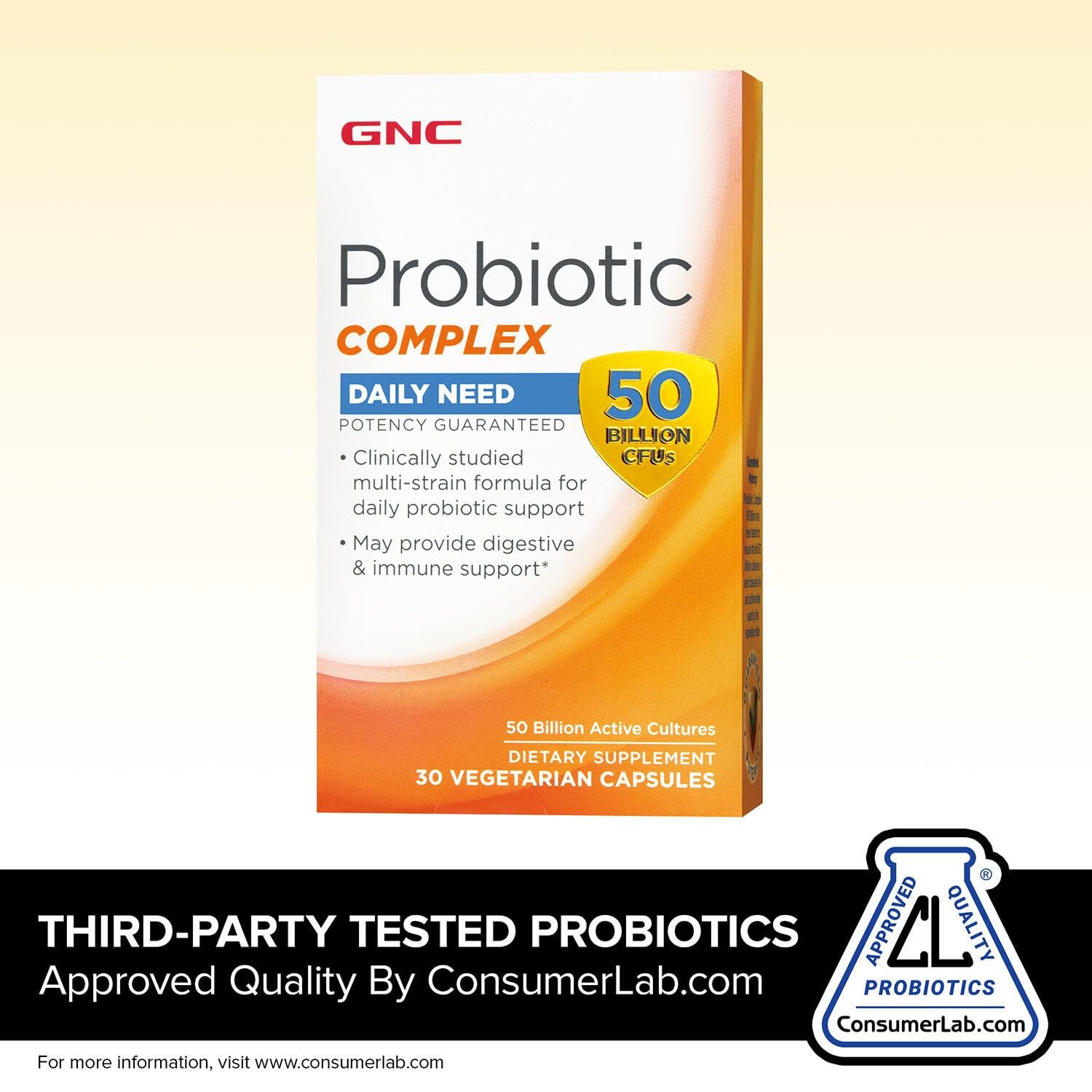 GNC Probiotic Complex Daily Need box packaging with vegetarian formula and 30 capsules.