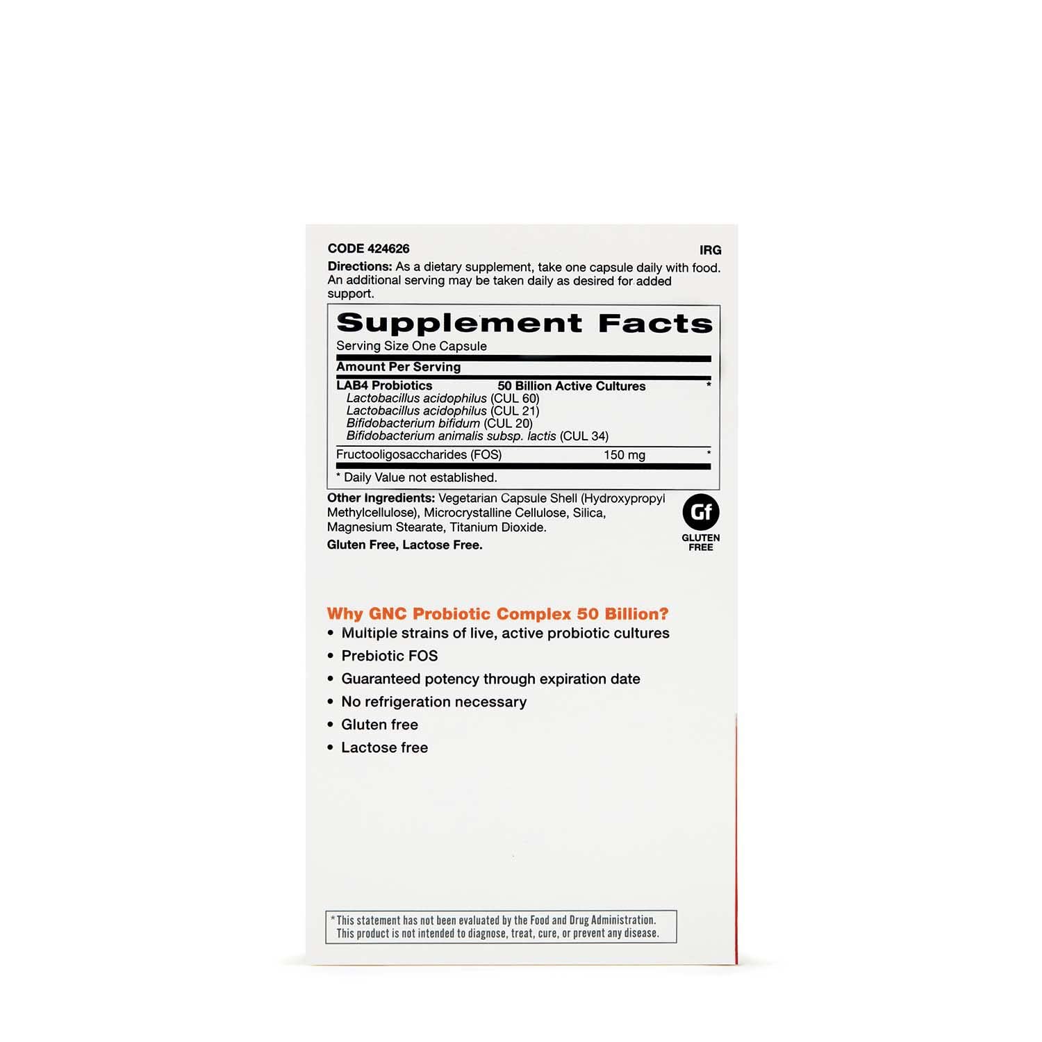 GNC Probiotic Complex Daily Need capsule close-up highlighting 50 billion cultures for digestive balance.