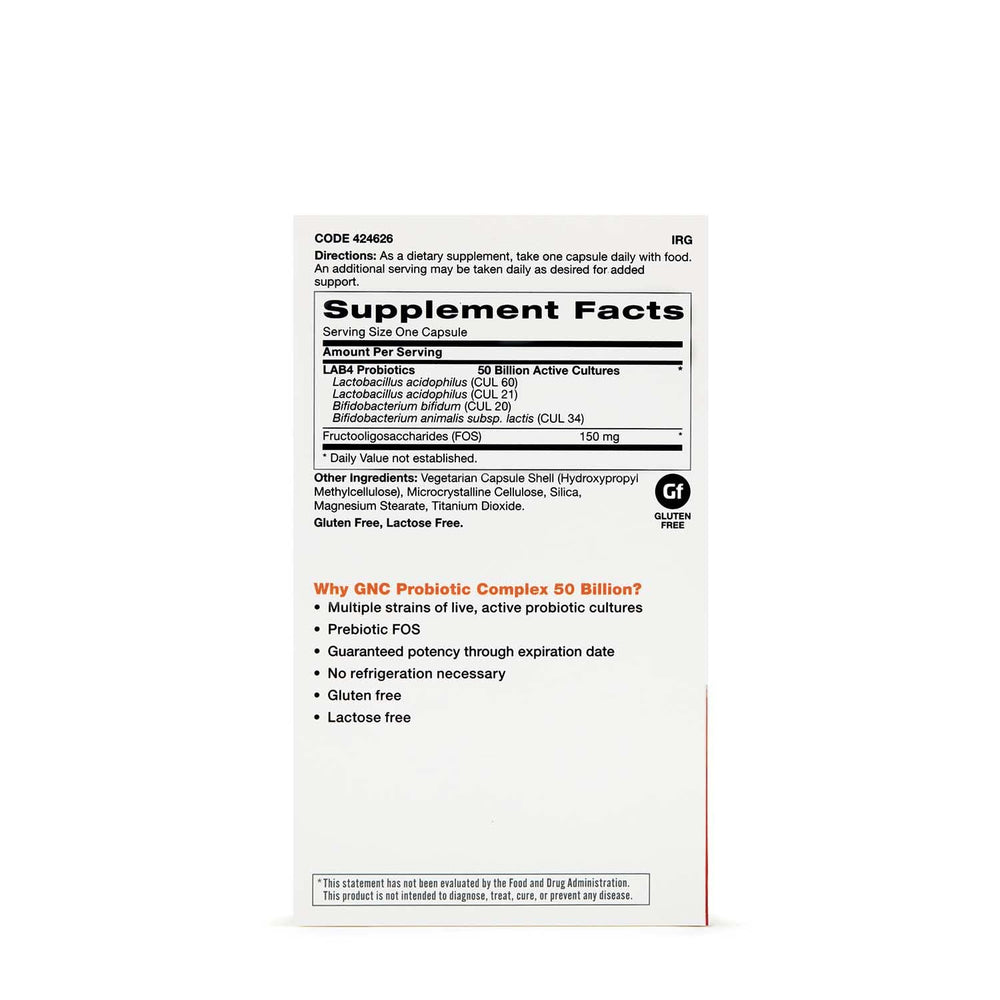 GNC Probiotic Complex Daily Need capsule close-up highlighting 50 billion cultures for digestive balance.
