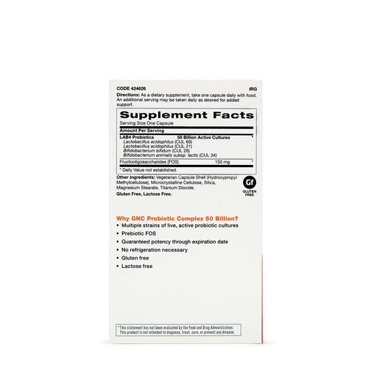 GNC Probiotic Complex Daily Need capsule close-up highlighting 50 billion cultures for digestive balance.