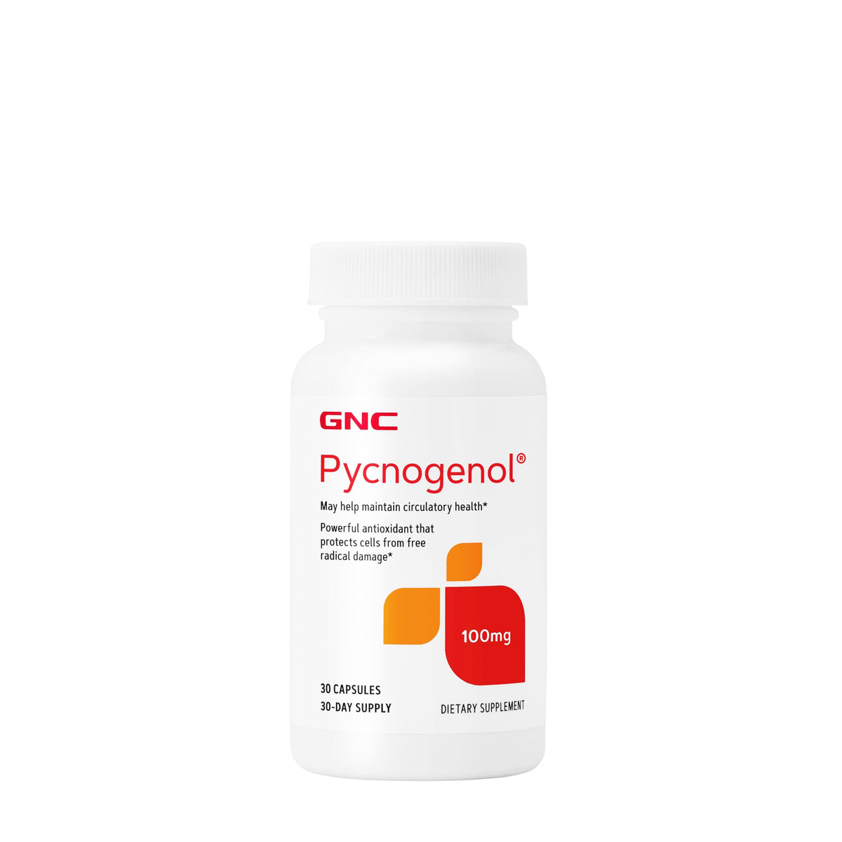 GNC Pycnogenol 100mg bottle front view highlighting label and circulatory support.
