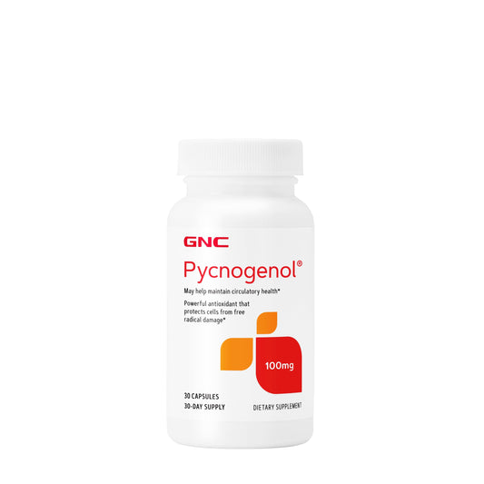 GNC Pycnogenol 100mg bottle front view highlighting label and circulatory support.