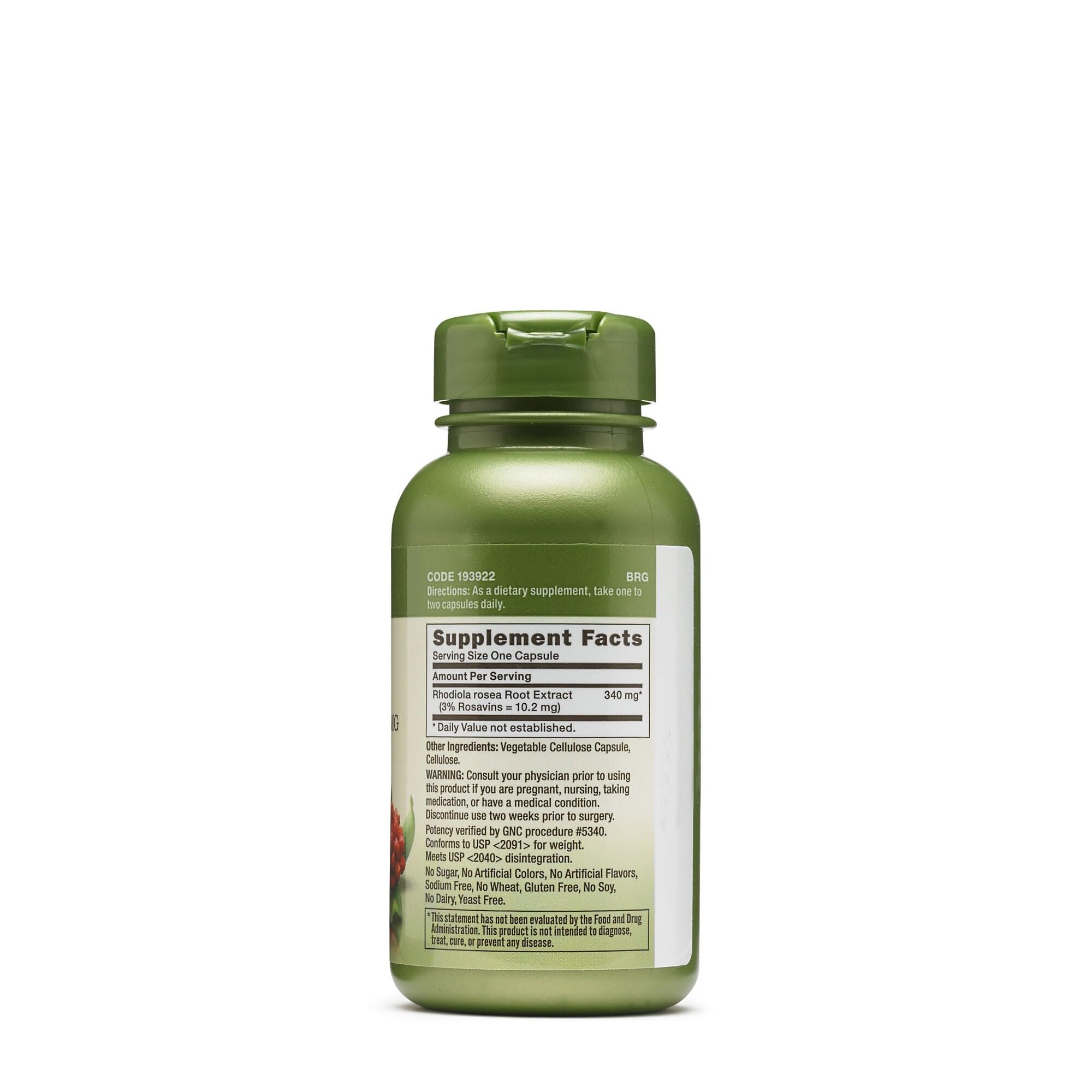 GNC Rhodiola extract label close-up with clear dosage