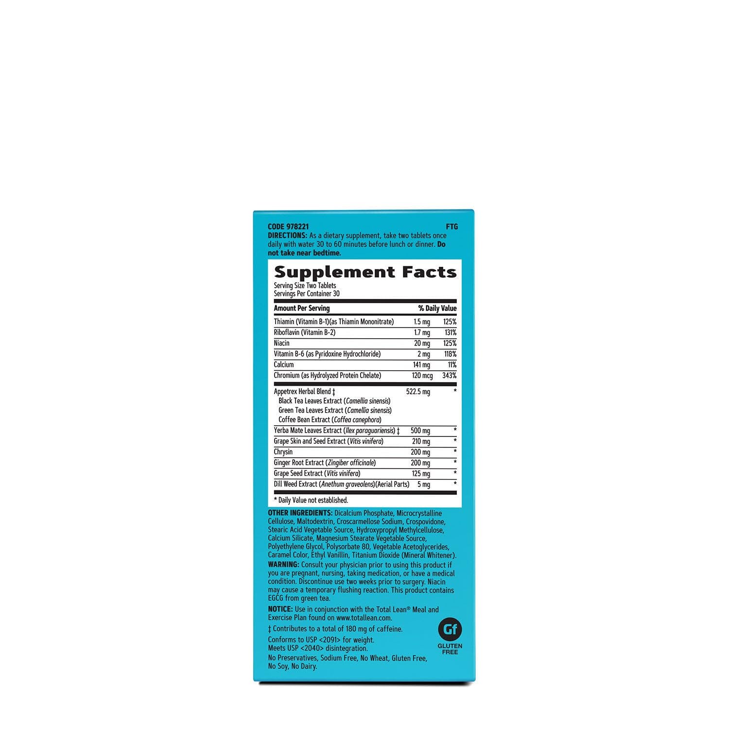 GNC Total Lean Appetrex Control tablets prepared for energy and metabolism support.