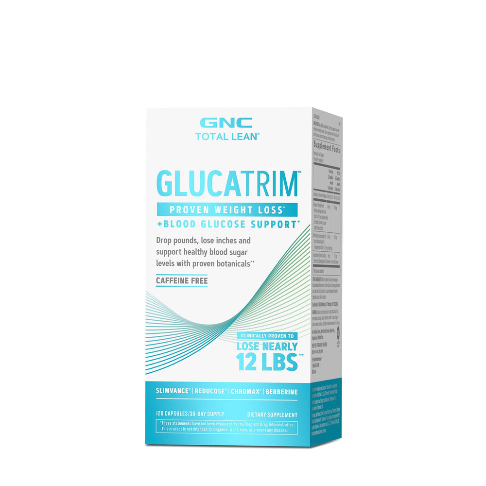 GNC Total Lean GlucaTrim bottle front view shows caffeine-free option