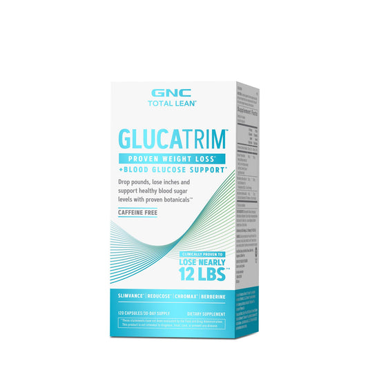 GNC Total Lean GlucaTrim bottle front view shows caffeine-free option
