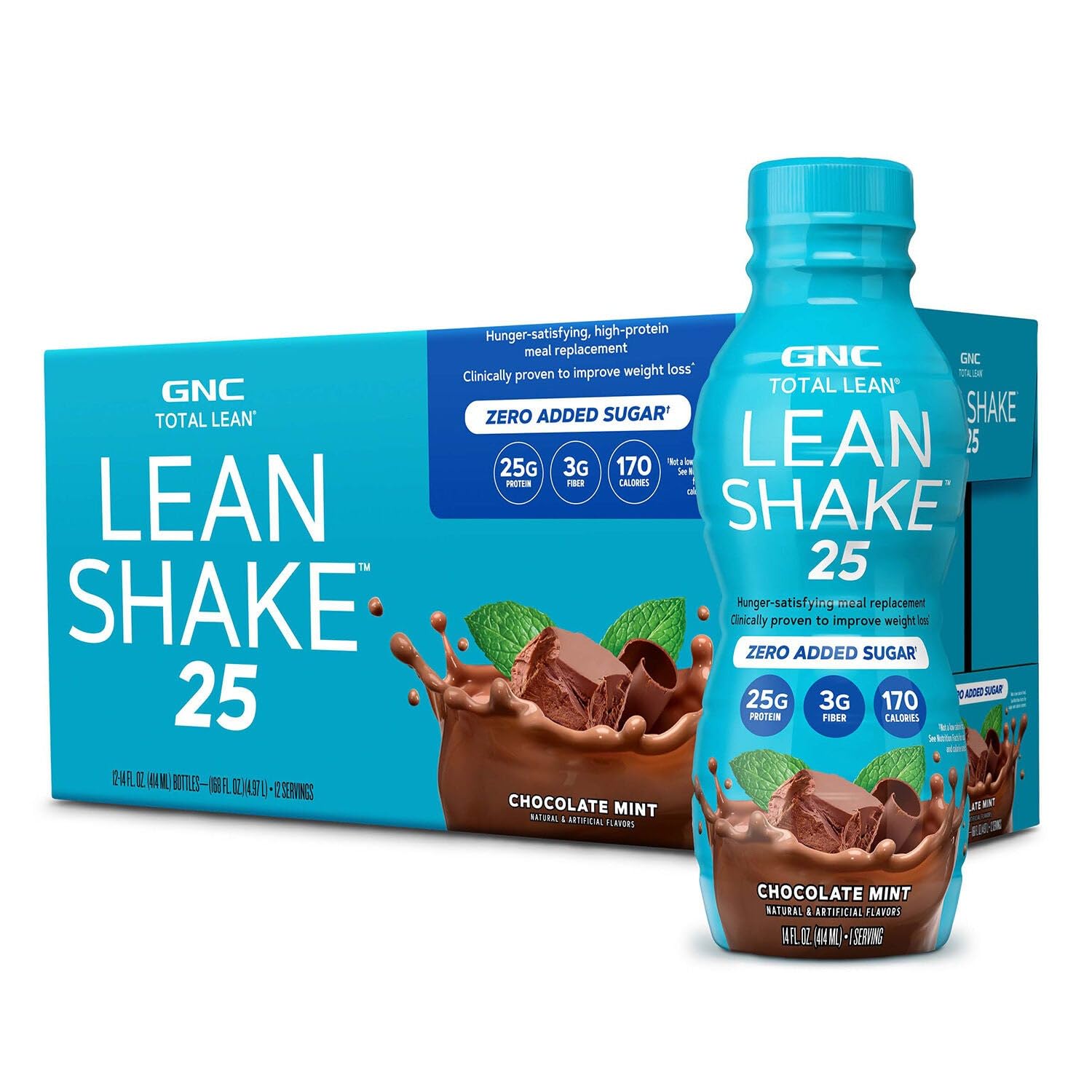 GNC Total Lean Lean Shake chocolate mint bottle shows protein rich meal replacement option.