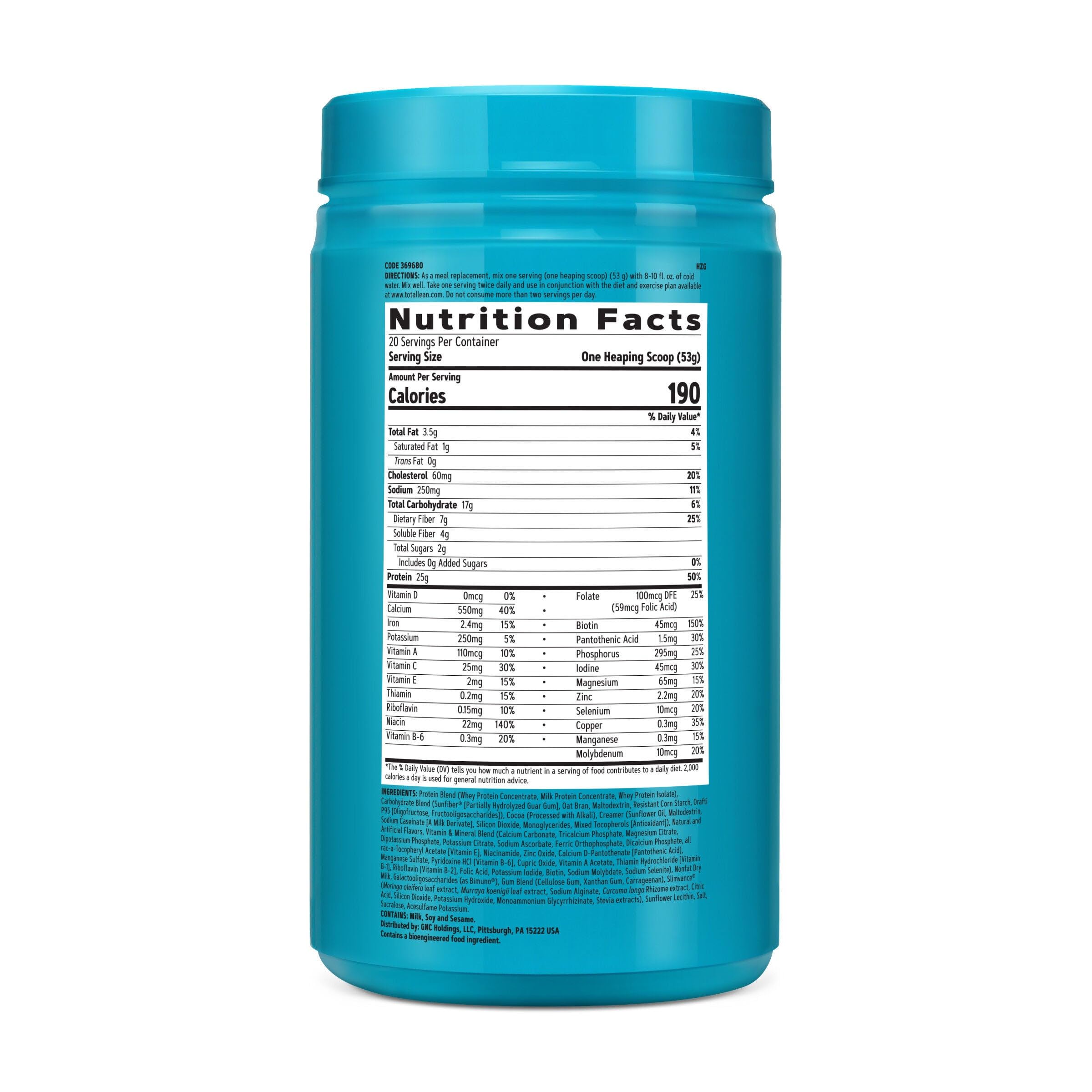 GNC Total Lean shake in glass showing prepared drink with chocolate peanut butter flavor