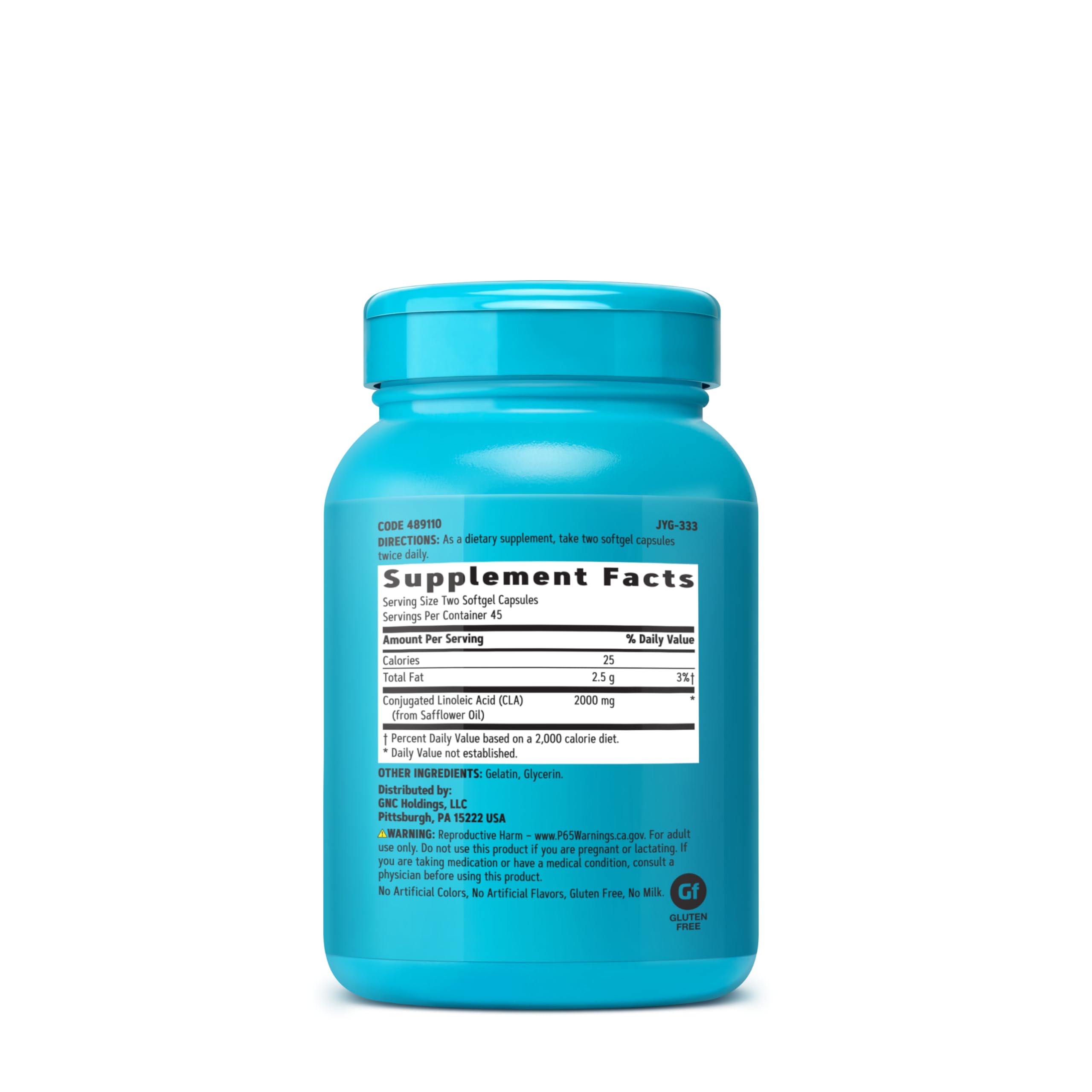 GNC Total Lean Premium CLA bottle back label close-up showing usage directions for lean tone.