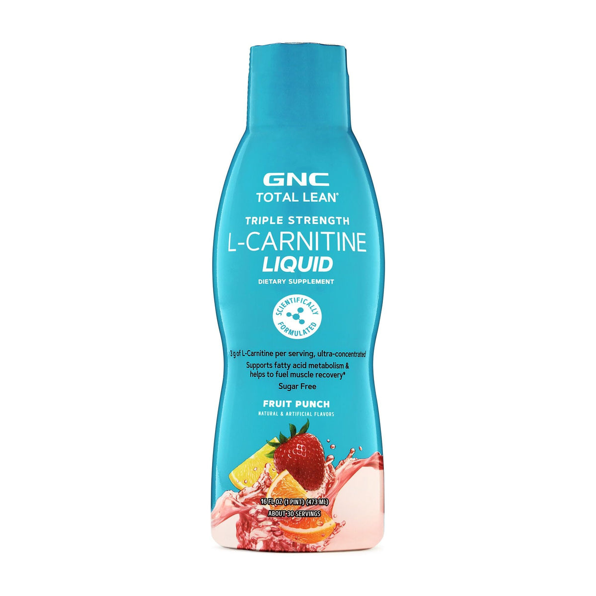 GNC Total Lean L-Carnitine Liquid bottle pouring to support fatty acid metabolism during workouts