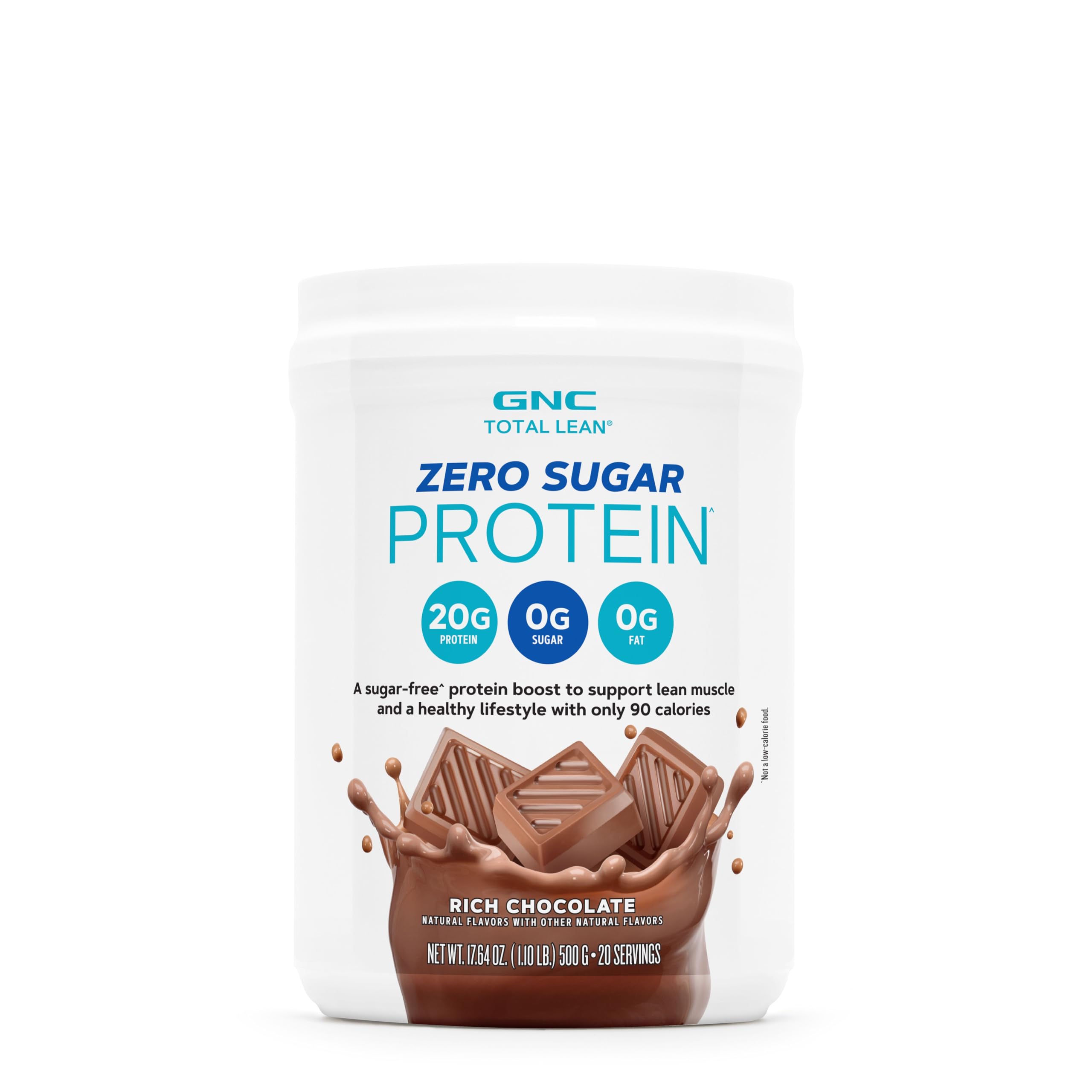 GNC Total Lean Zero Sugar Protein Rich Chocolate label showing 0g sugar