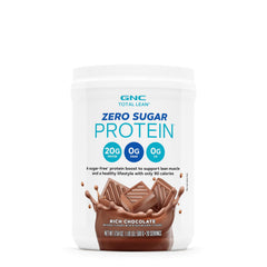 GNC Total Lean Zero Sugar Protein Rich Chocolate label showing 0g sugar