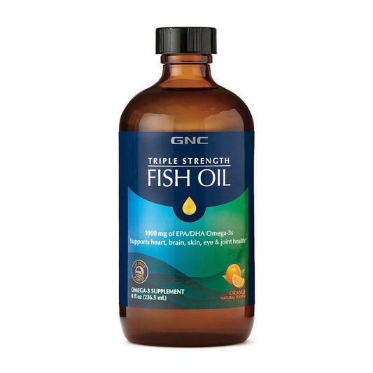 GNC Triple Strength Fish Oil bottle pour for easy daily dosing and heart support