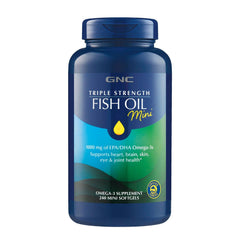 GNC Triple Strength Fish Oil mini softgel bottle with label highlighting 1000 mg EPA/DHA for wellness