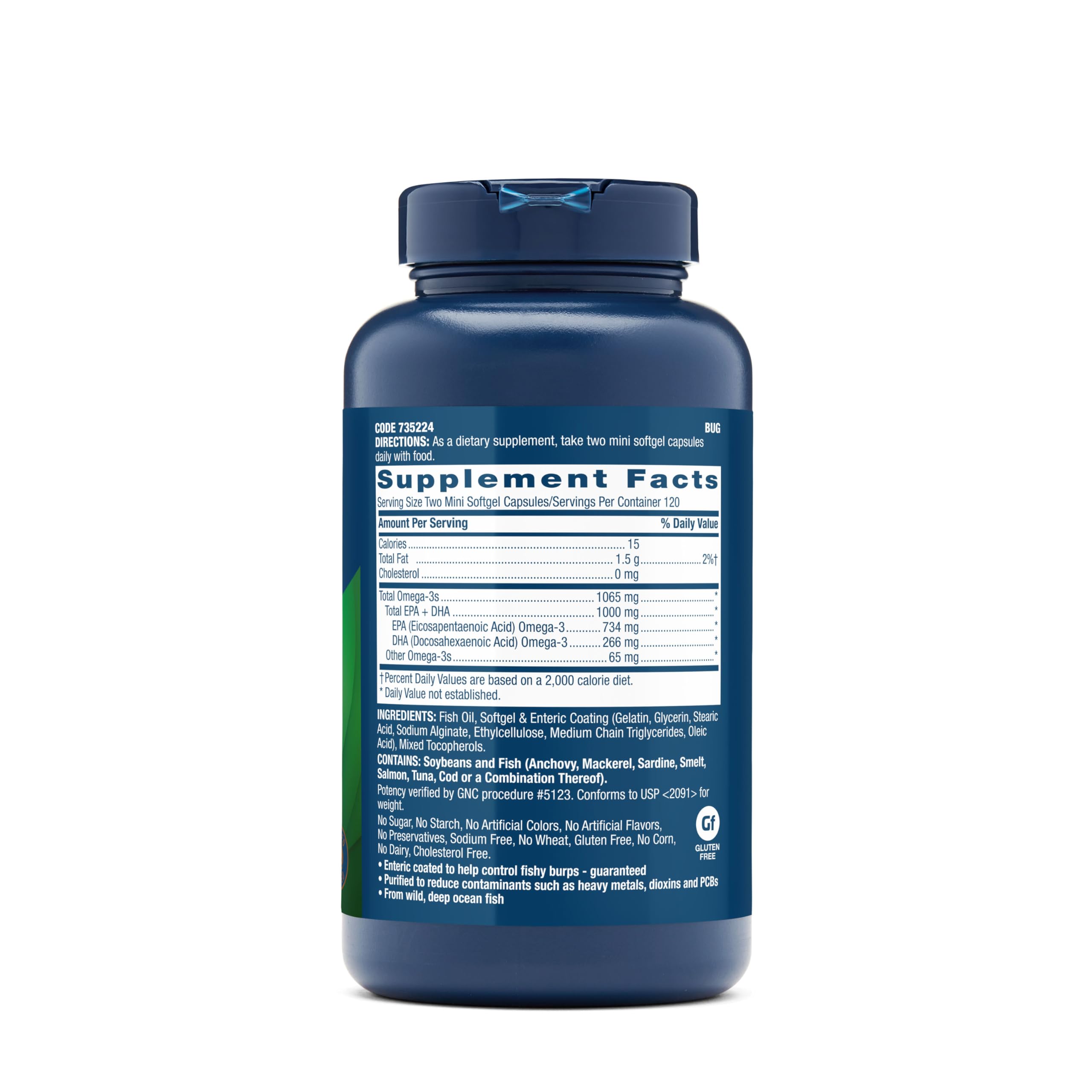 GNC Triple Strength Fish Oil mini softgel pour showing easy-to-swallow capsules for daily wellness