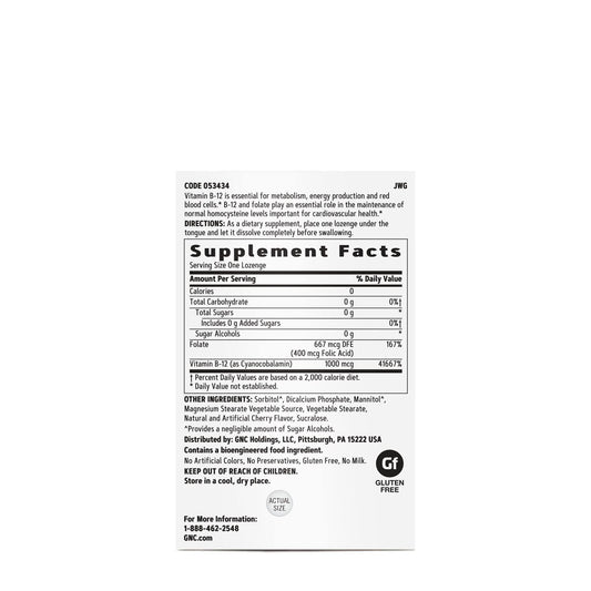 GNC Vitamin B-12 cherry lozenge label close-up highlighting gluten-free and dairy-free ingredients.