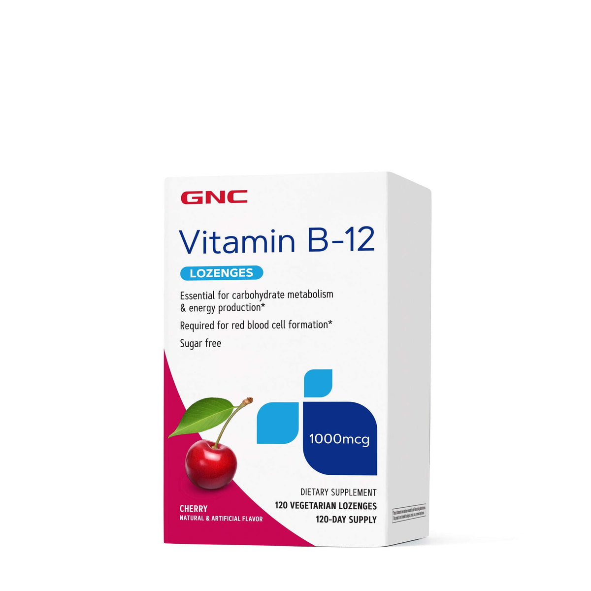 GNC Vitamin B-12 1000mcg cherry lozenge pack showing energy support and sugar-free formula.