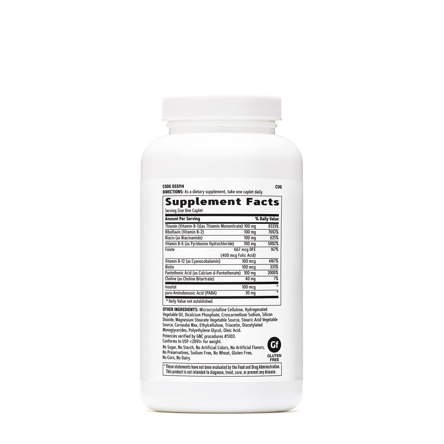 GNC Vitamin B Complex 100 bottle cap close-up highlighting caplets for easy daily use.