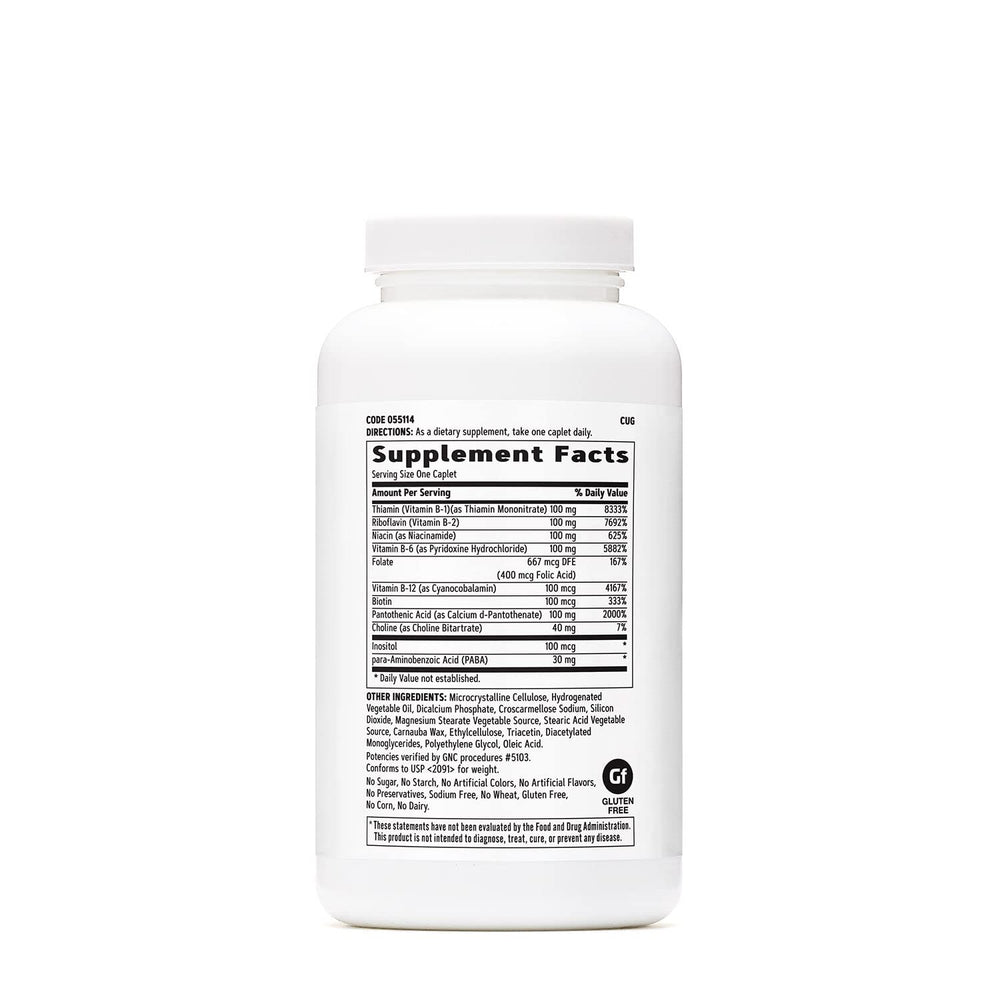 GNC Vitamin B Complex 100 bottle cap close-up highlighting caplets for easy daily use.