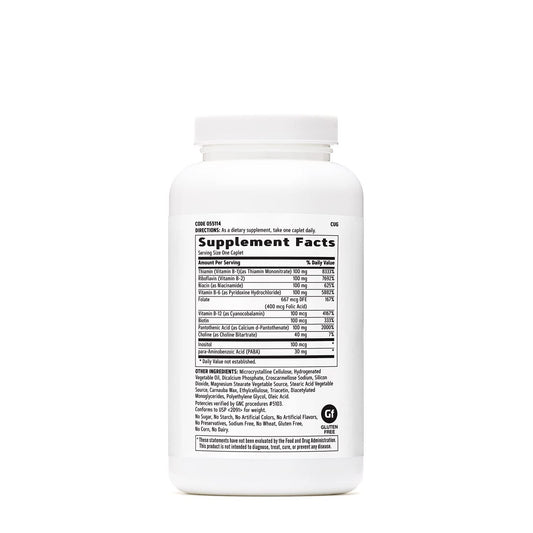 GNC Vitamin B Complex 100 bottle cap close-up highlighting caplets for easy daily use.
