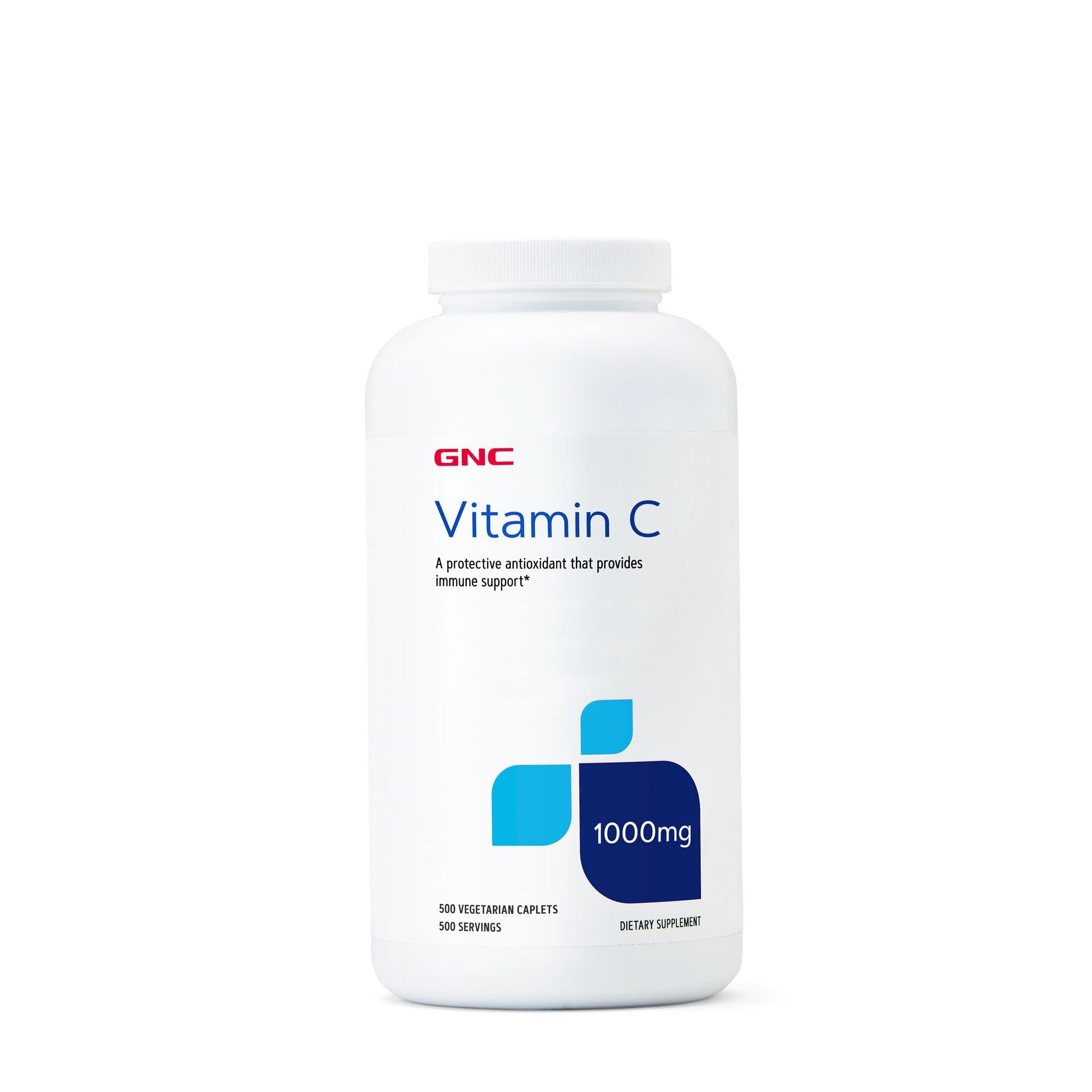 GNC Vitamin C 1000 mg caplets in bottle supporting immune health, gluten-free formula