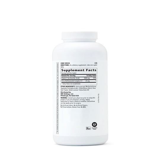 GNC Vitamin C 1000mg timed-release caplets close-up for sustained antioxidant support.
