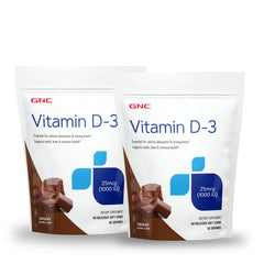 GNC Vitamin D-3 soft chews bottle supports bone health with chocolate flavor.
