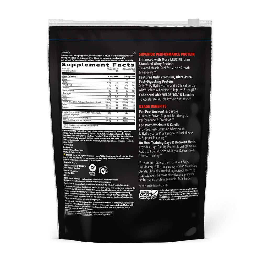GNC Wheybolic bottle label Strawberry Cream shows flavor and gluten-free formula.