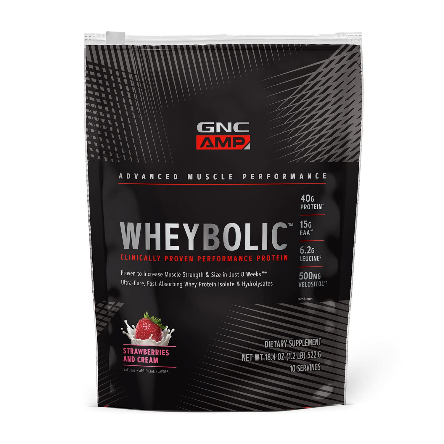 GNC Wheybolic Strawberry Cream powder supports muscle recovery and strength.