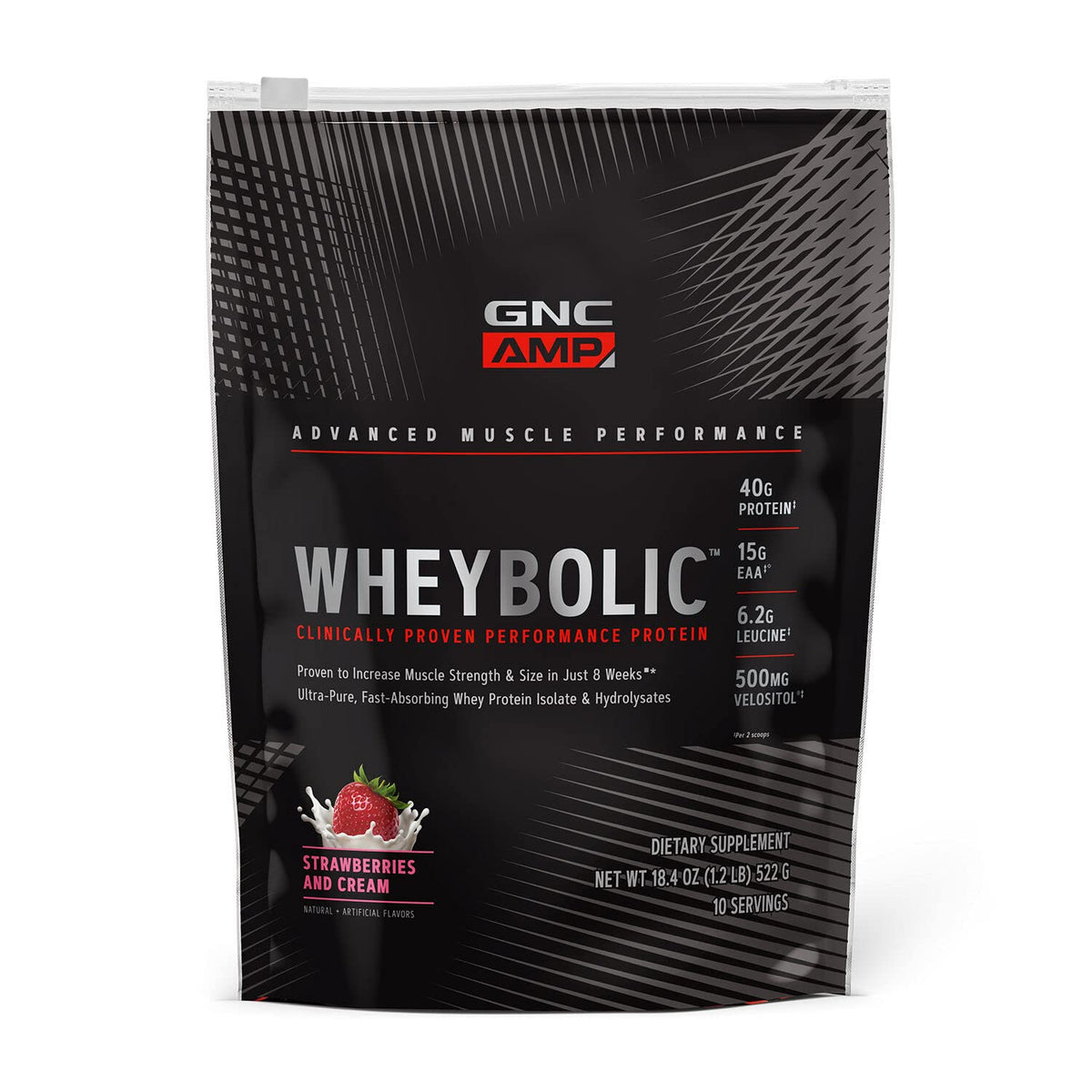 GNC Wheybolic Strawberry Cream powder supports muscle recovery and strength.