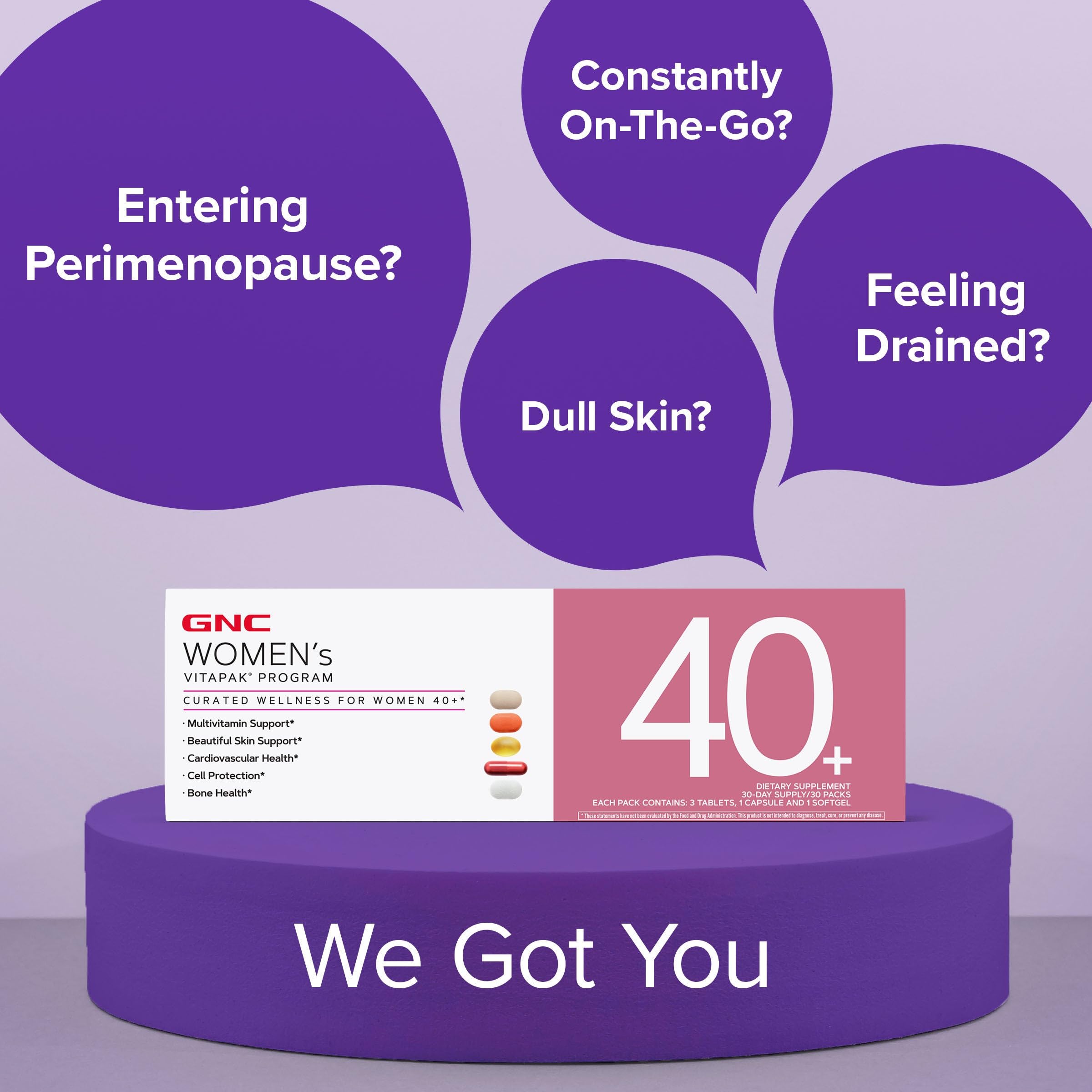 GNC Women’s 40+ Vitapak packaging with daily sachets.