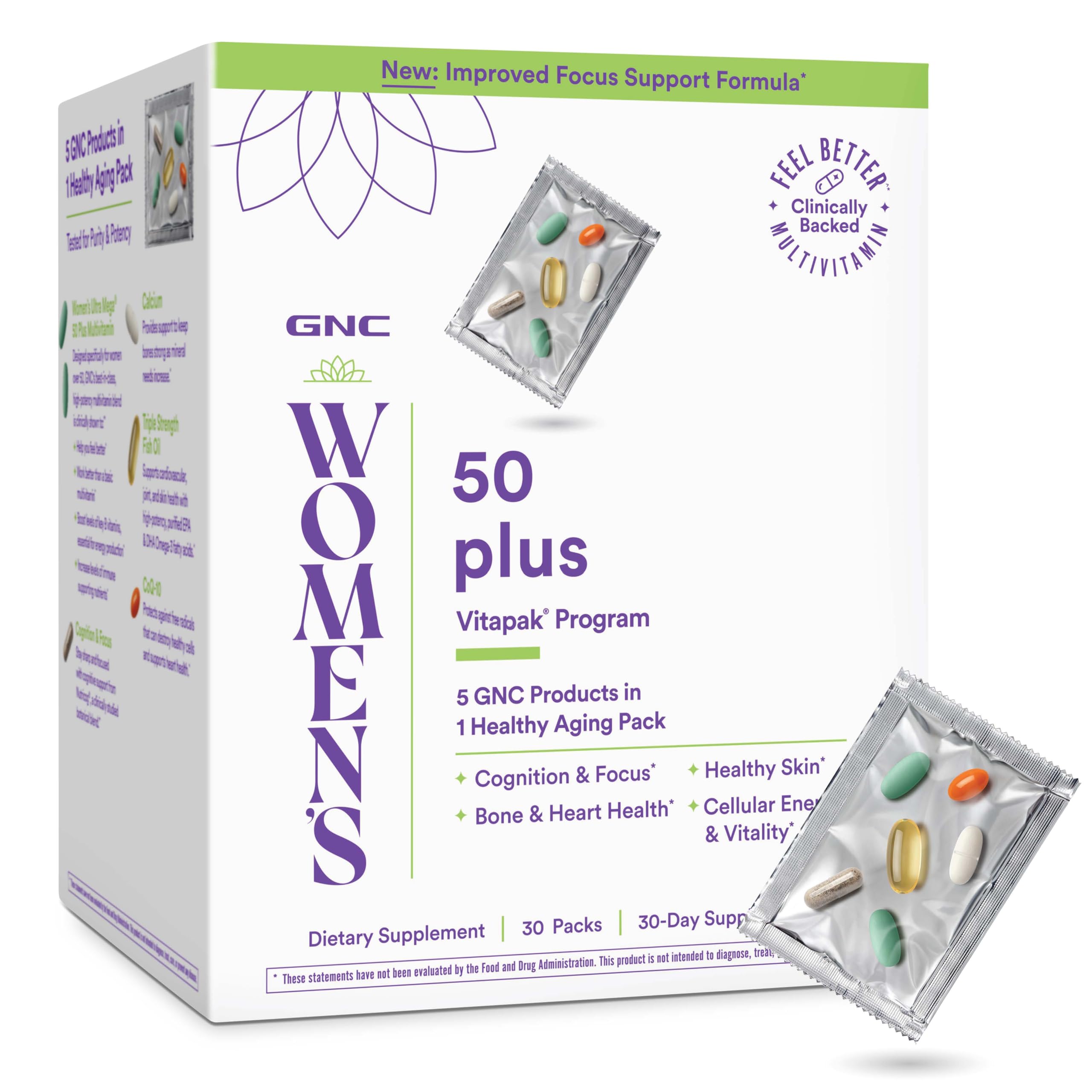 GNC Women's 50 Plus Vitapak bottle front showcasing complete daily nutrition for healthy aging.