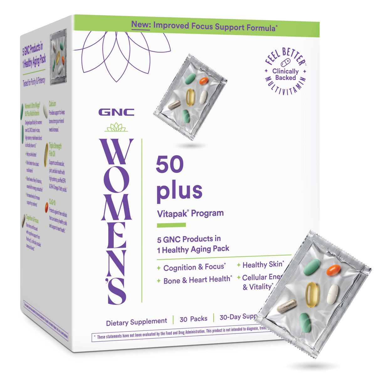 GNC Women's 50 Plus Vitapak bottle front showcasing complete daily nutrition for healthy aging.