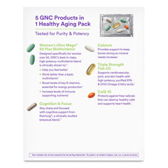 GNC Women's 50 Plus Vitapak bottle pour showing easy-to-take capsules on the go.