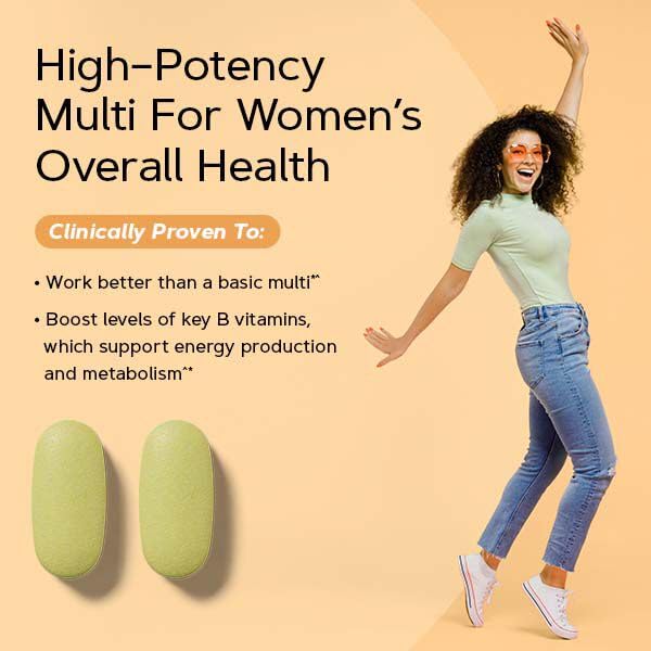Capsule swirl of GNC multivitamin suggests easy daily intake with focus benefits.