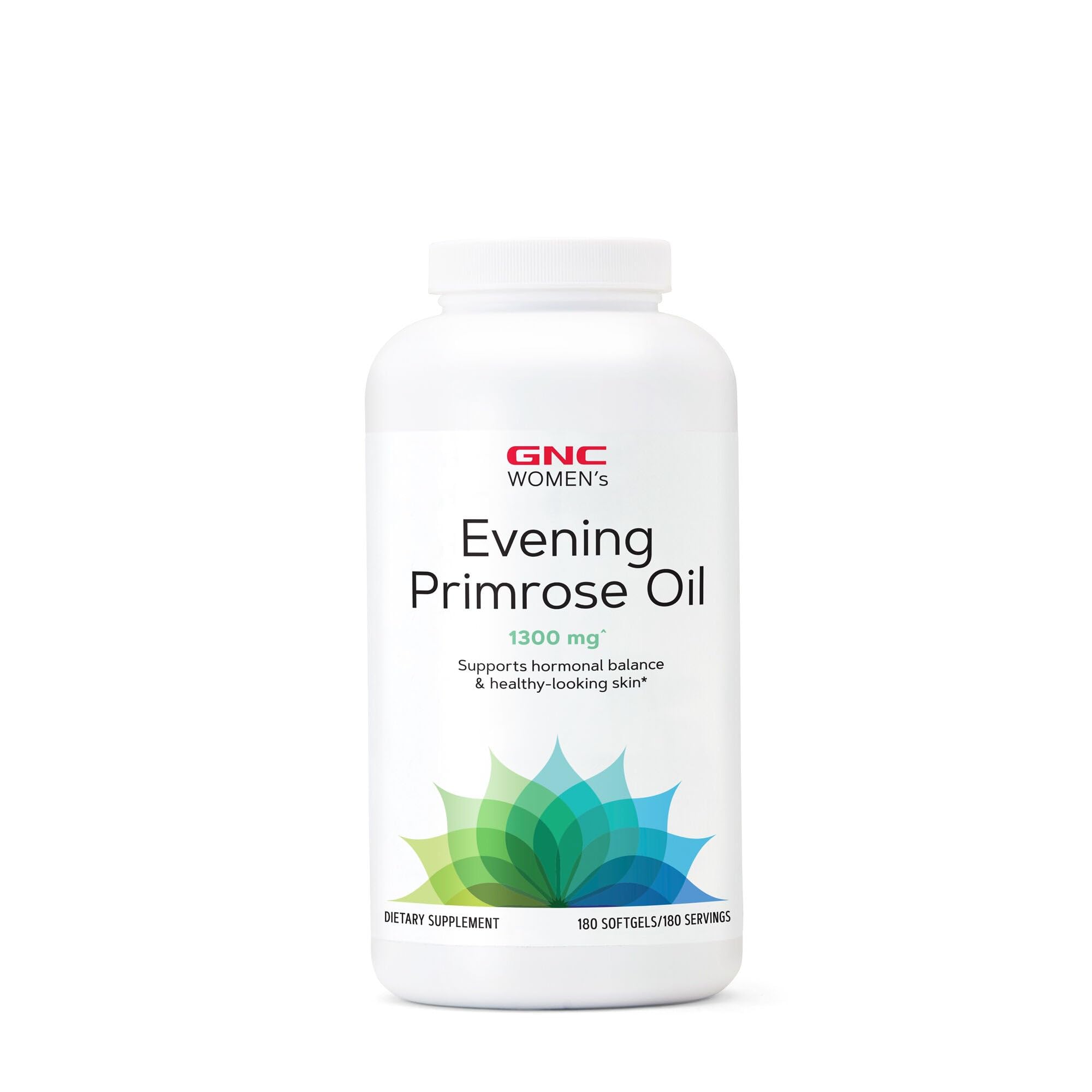 GNC Women's Evening Primrose Oil softgels close-up for skin support and hormone balance.